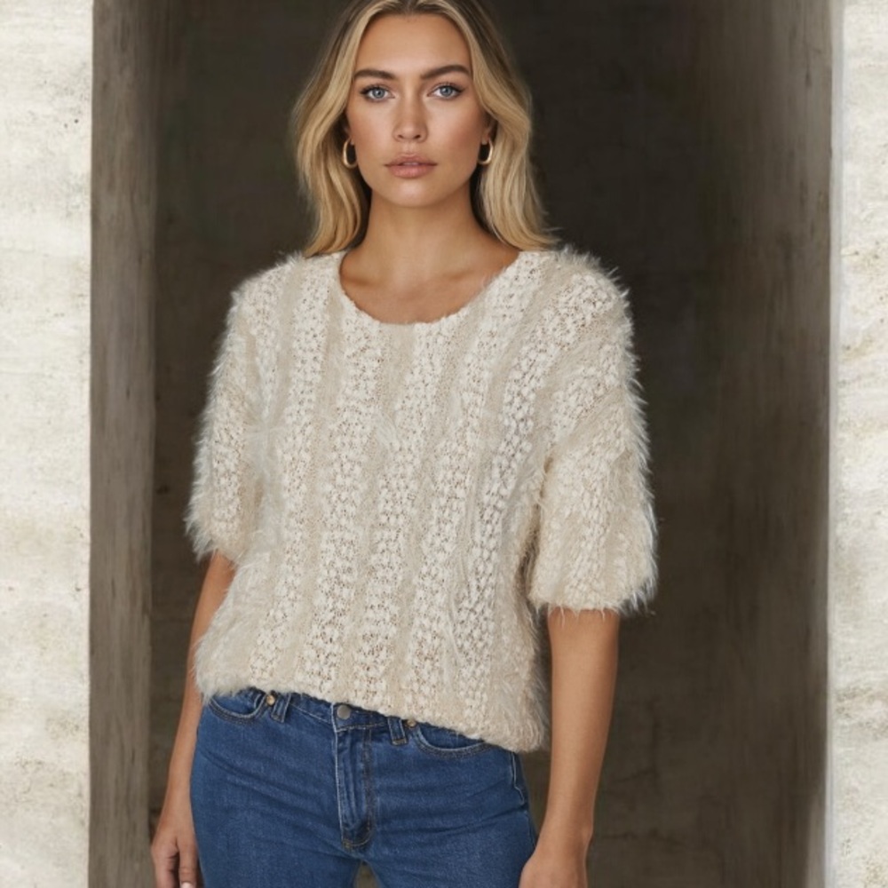 Lauren Michelle Ivory Popcorn Sweater Small Eyelash Yarn Dolman Short Sleeve